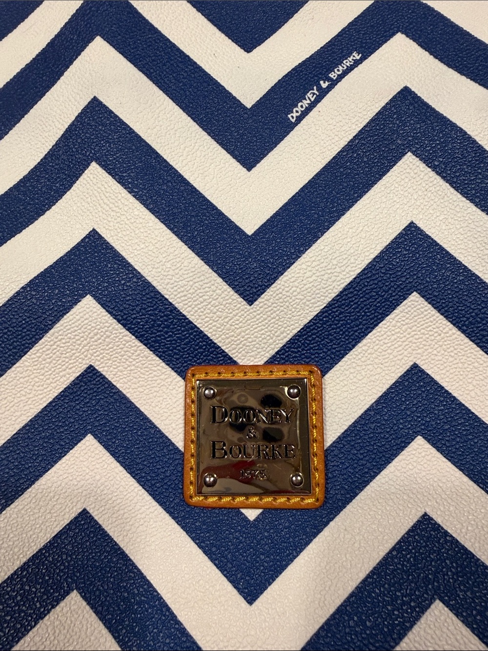Dooney & Bourke Navy and Cream Chevron Tote with Leather Trim - Picture 2 of 8